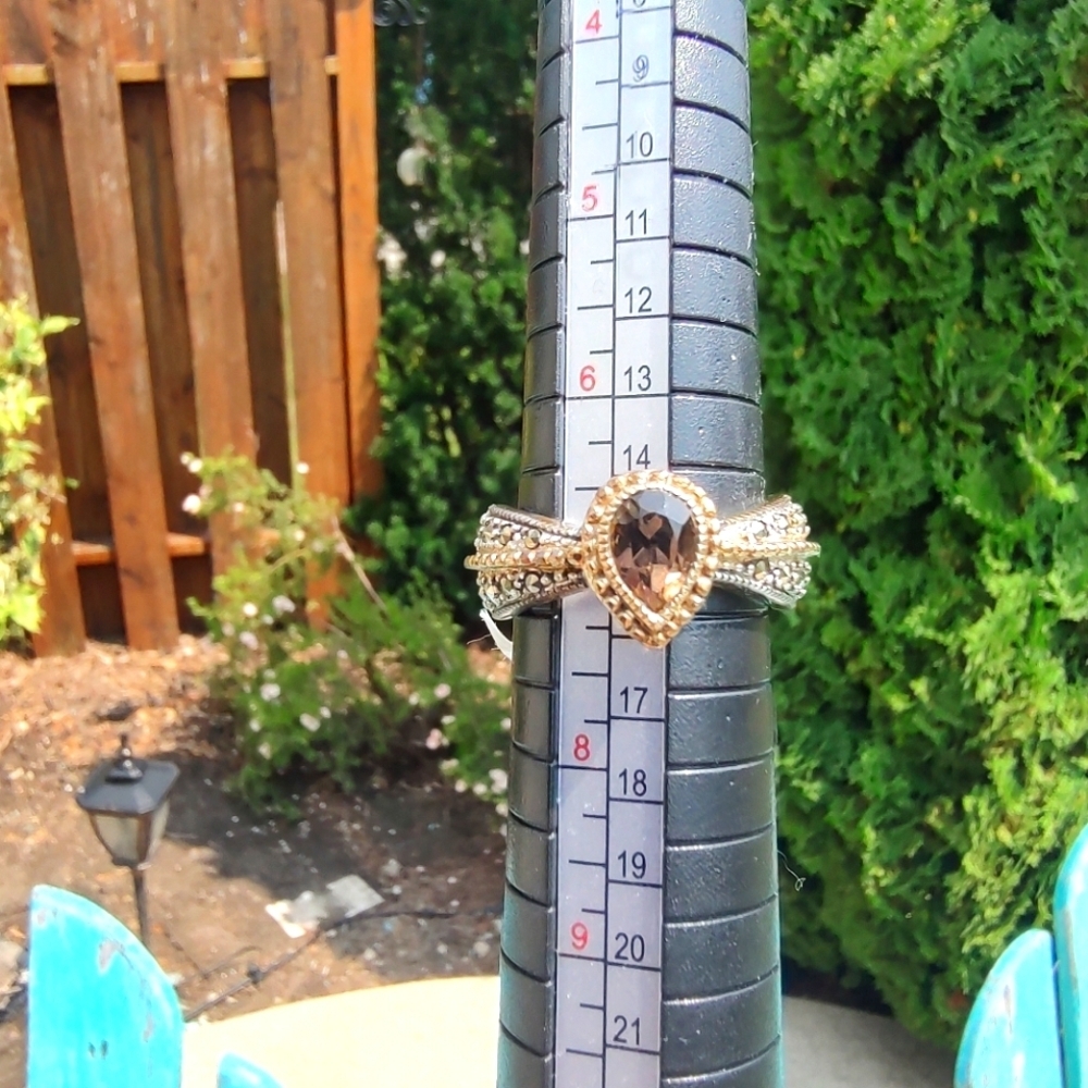 Judith Jack Ring Marcasite Silver Gold with Gem Size 7